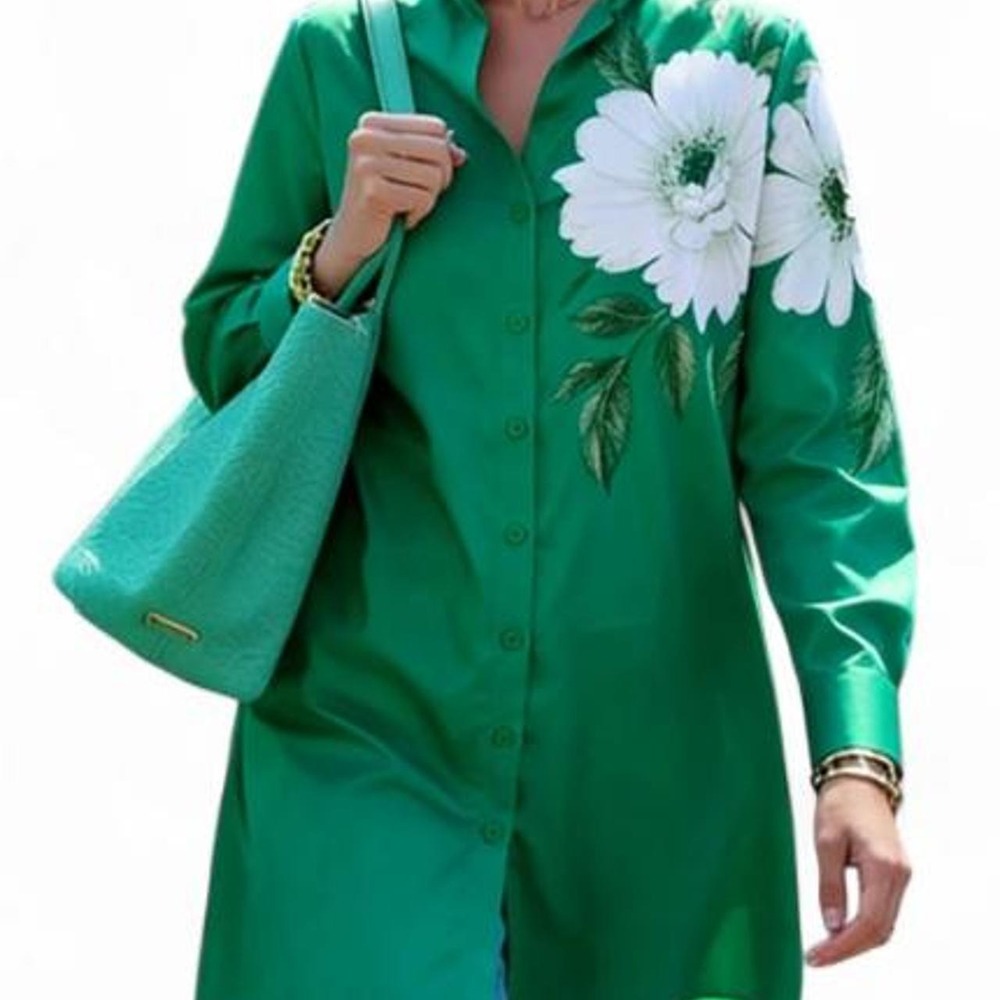 UOOZEE High-Low Long Sleeve Buttoned Flower Print Lapel Blouse